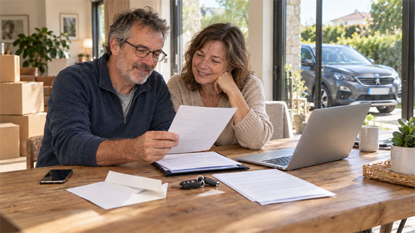 Un couple prépare ses démarches administratives avec ses documents et un ordinateur